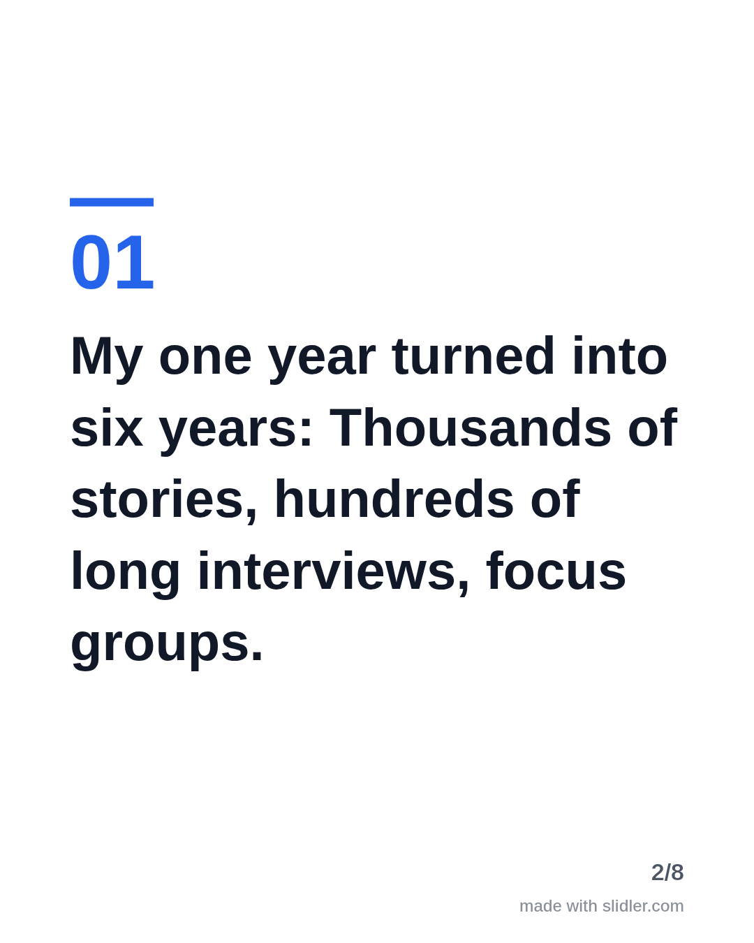 My one year turned into six years: Thousands of stories, hundreds of long interviews, focus groups.