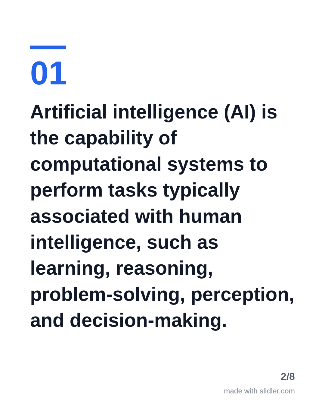 Artificial intelligence (AI) is the capability of computational systems to perform tasks typically associated with human intelligence, such as learning, reasoning, problem-solving, perception, and decision-making.