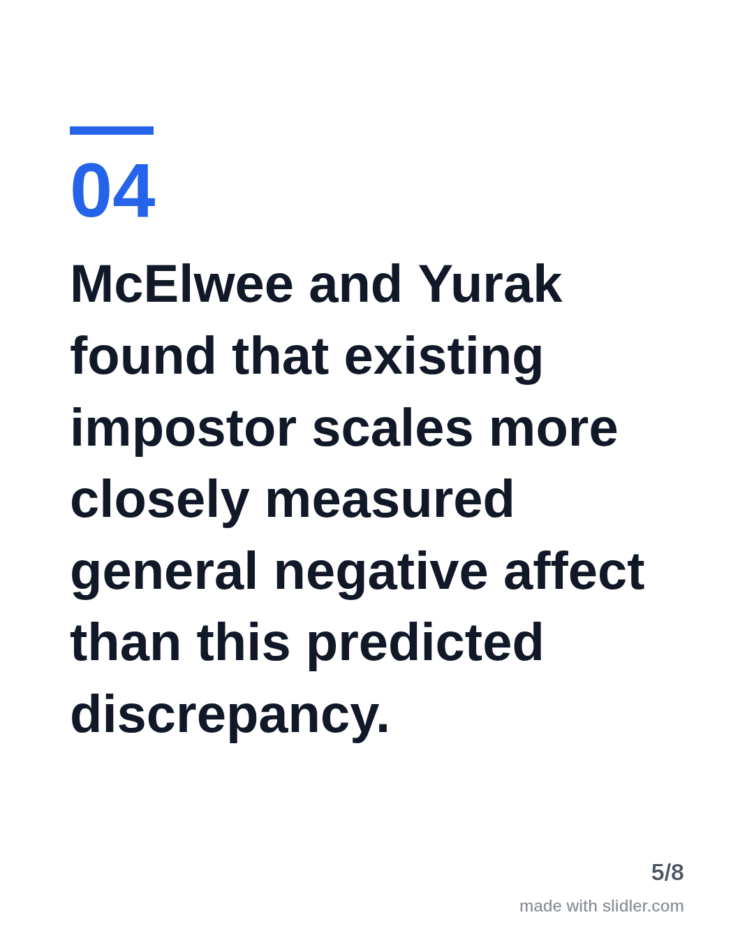 McElwee and Yurak found that existing impostor scales more closely measured general negative affect than this predicted discrepancy.