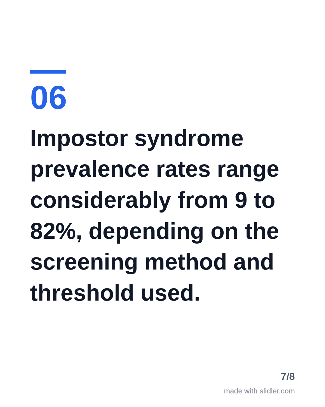 Impostor syndrome prevalence rates range considerably from 9 to 82%, depending on the screening method and threshold used.