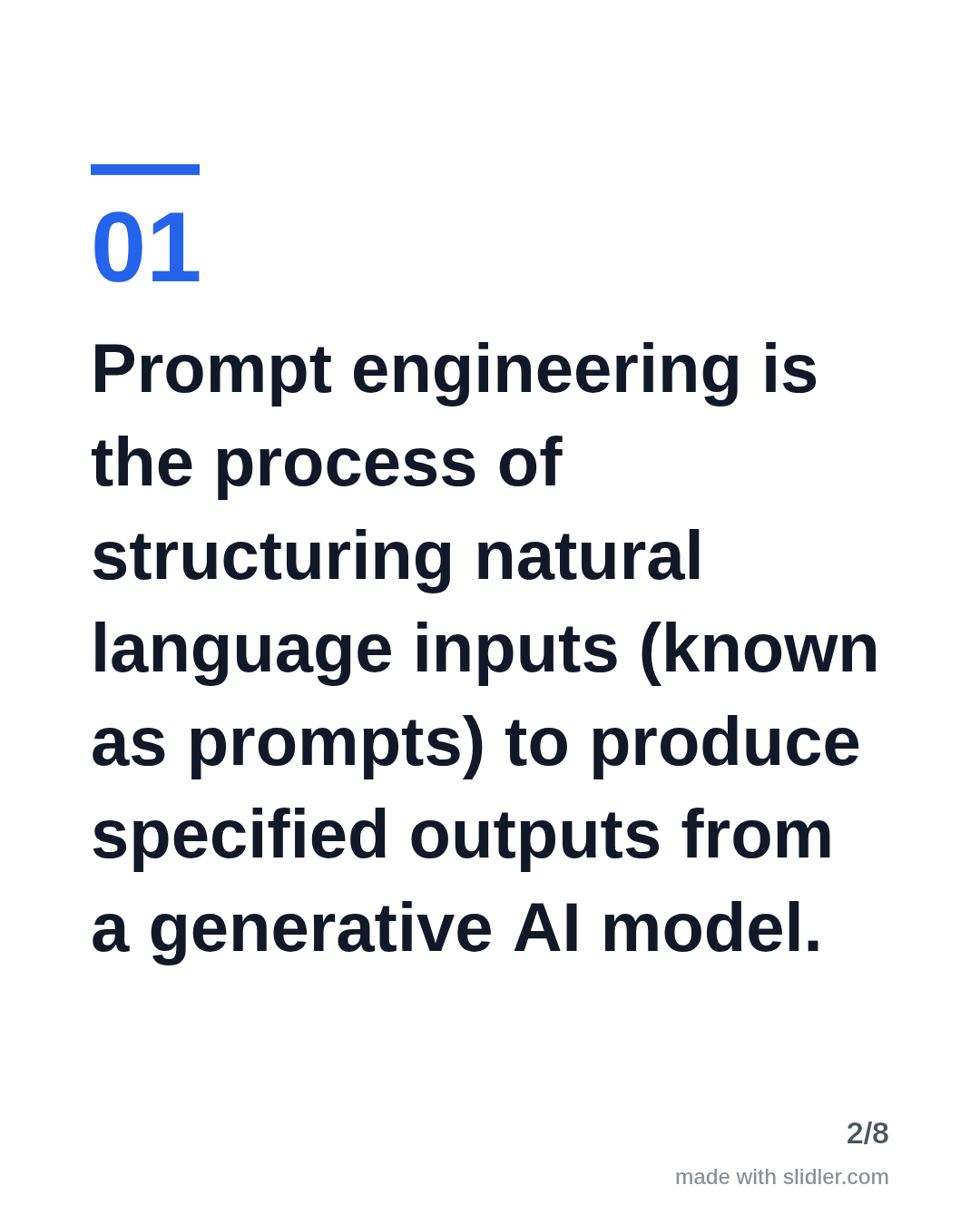 Prompt engineering is the process of structuring natural language inputs (known as prompts) to produce specified outputs from a generative AI model.