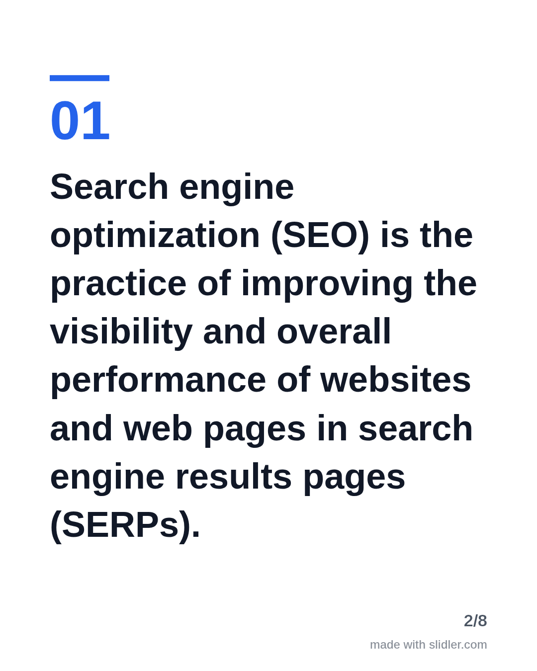 Search engine optimization (SEO) is the practice of improving the visibility and overall performance of websites and web pages in search engine results pages (SERPs).