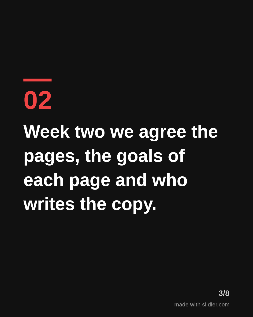 Week two we agree the pages, the goals of each page and who writes the copy.
