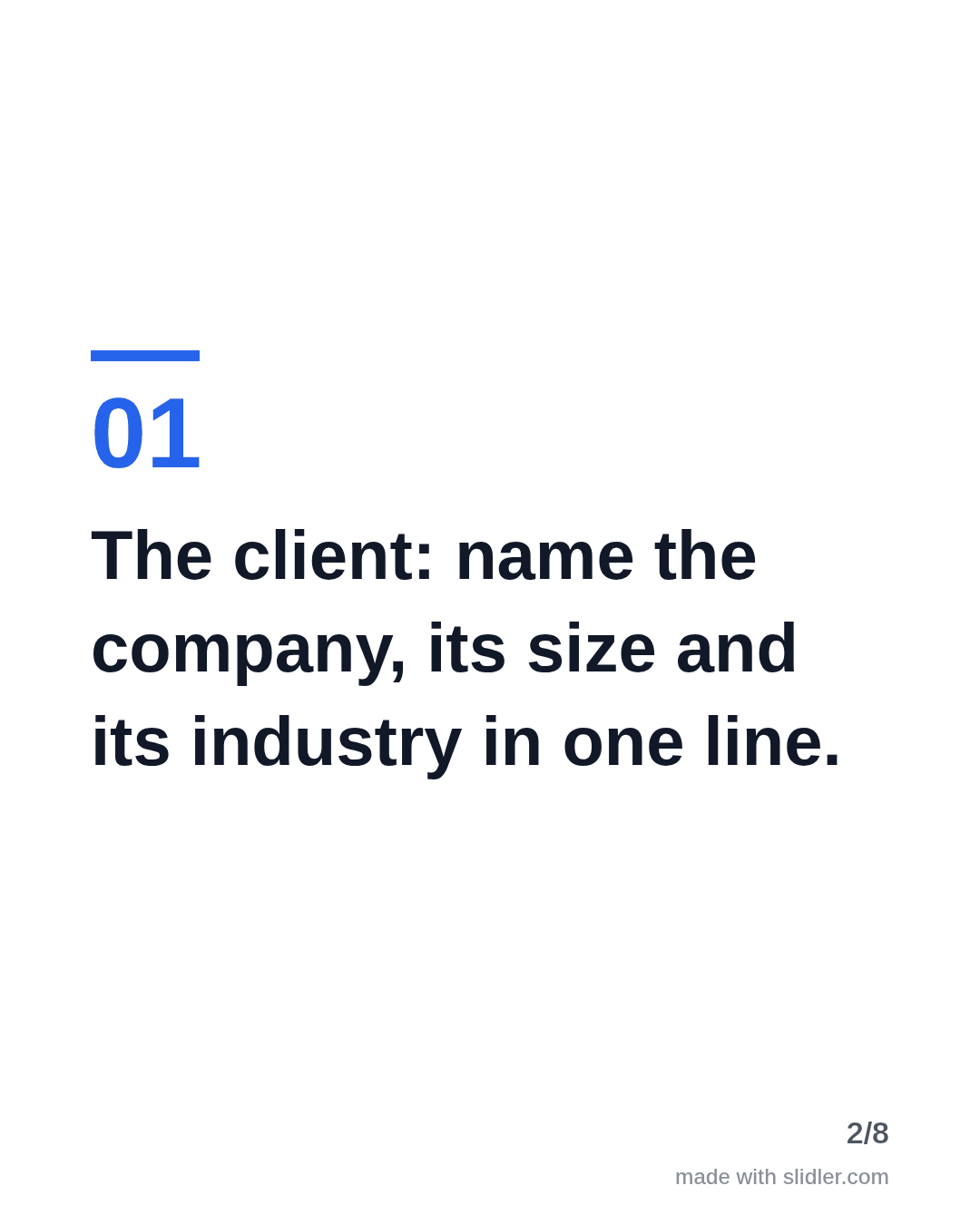 The client: name the company, its size and its industry in one line.