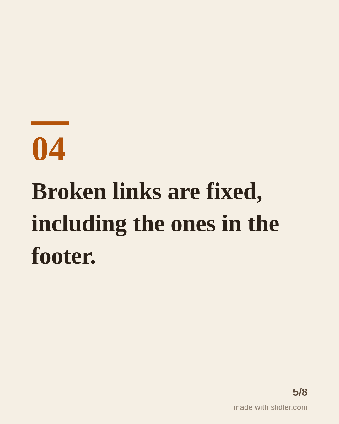 Broken links are fixed, including the ones in the footer.