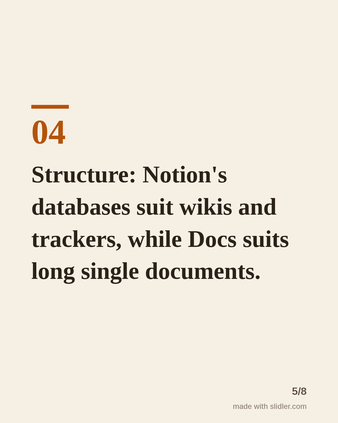 Structure: Notion's databases suit wikis and trackers, while Docs suits long single documents.