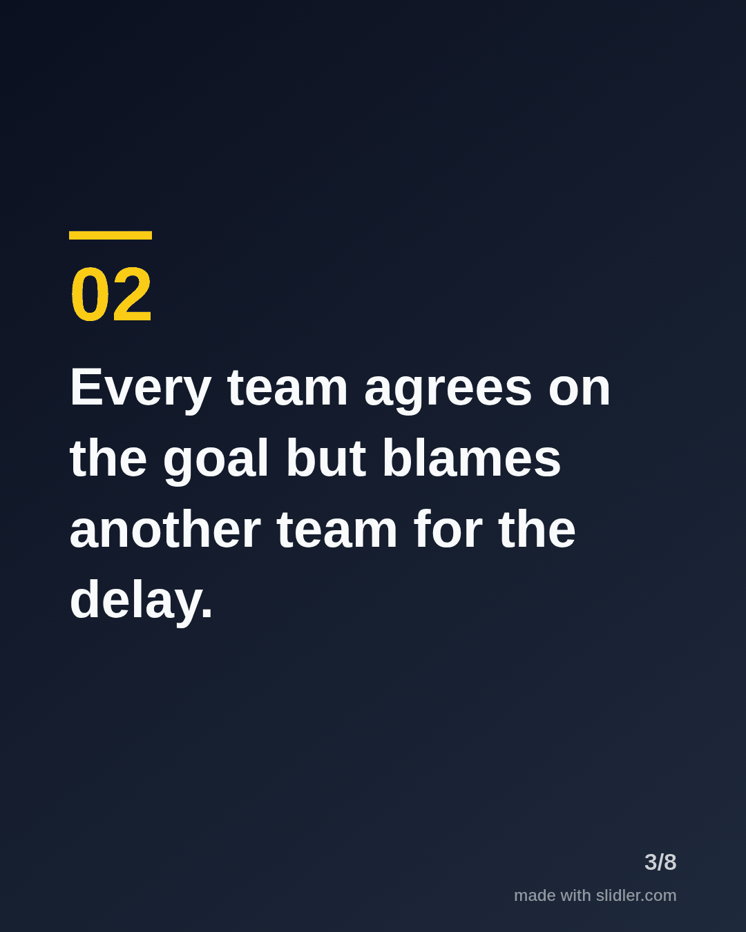 Every team agrees on the goal but blames another team for the delay.