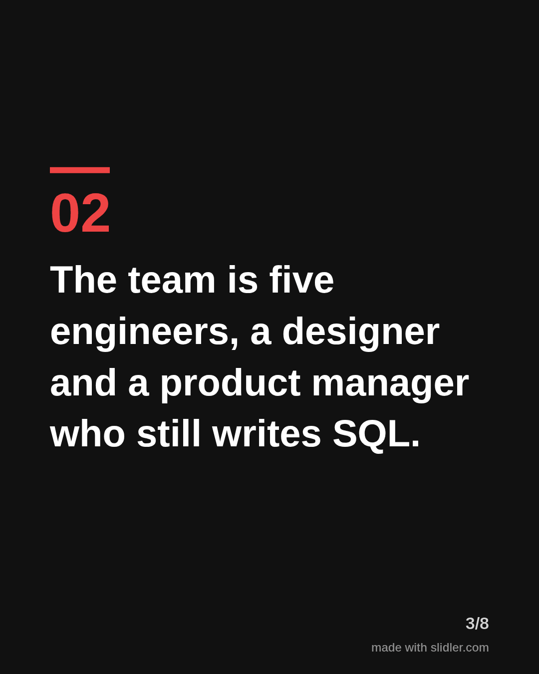 The team is five engineers, a designer and a product manager who still writes SQL.