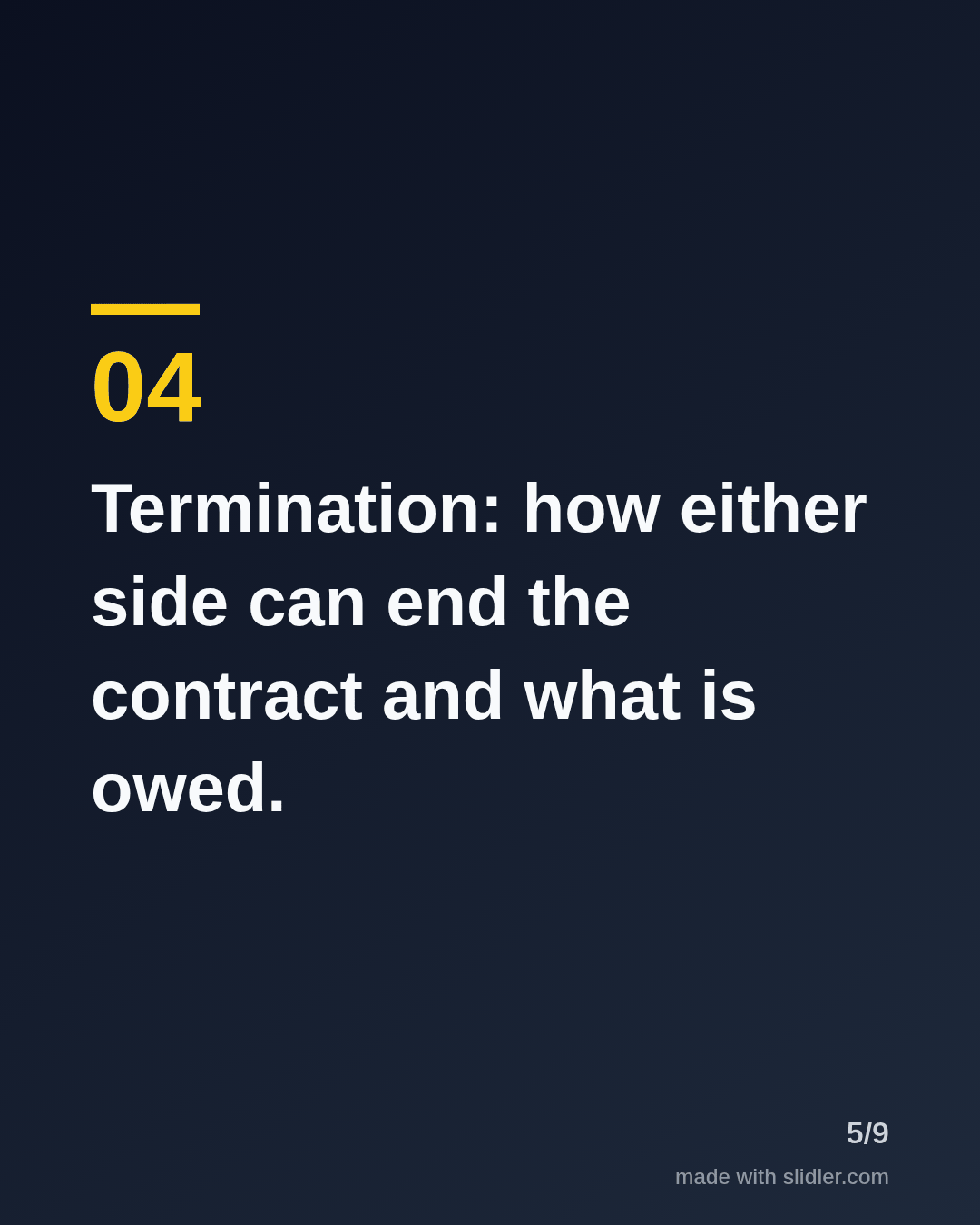 Termination: how either side can end the contract and what is owed.