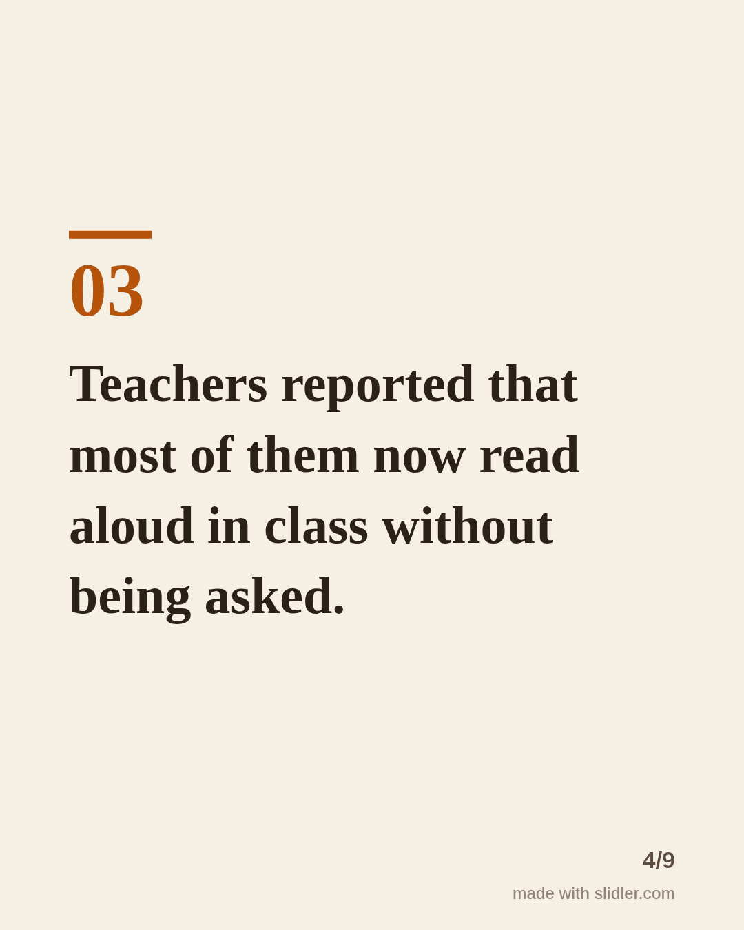 Teachers reported that most of them now read aloud in class without being asked.