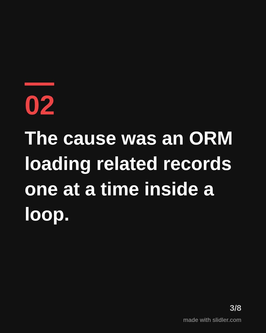 The cause was an ORM loading related records one at a time inside a loop.