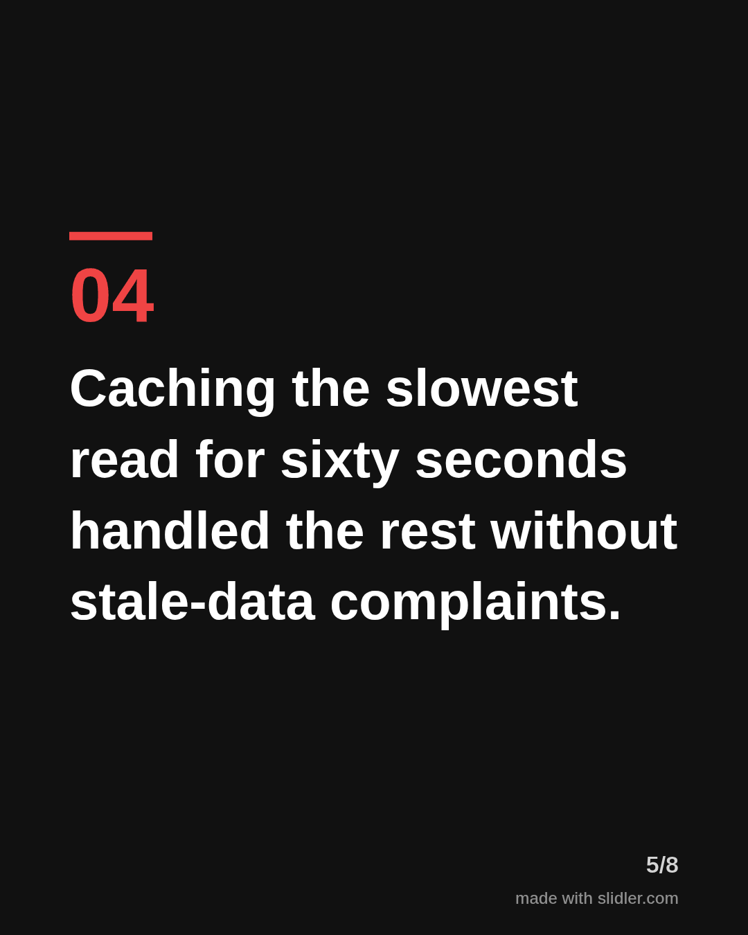 Caching the slowest read for sixty seconds handled the rest without stale-data complaints.